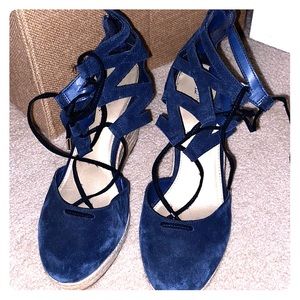 Lace up blue suede wedges